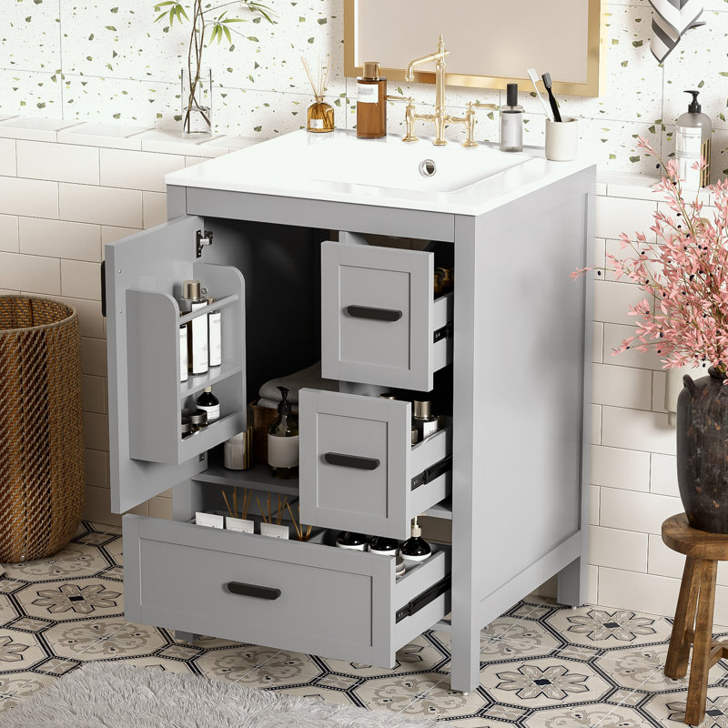 Bathroom Vanity with Ceramic Sink, Double-Layer Door Shelf and 3 Drawers, Gray/Black