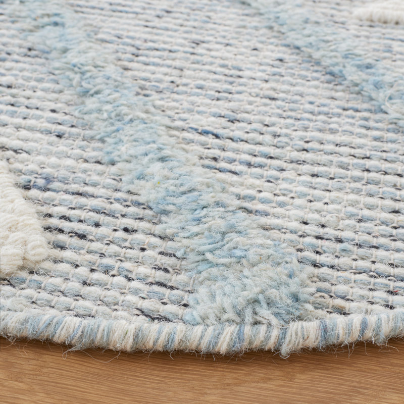 Vermont Hand Loomed Wool/Cotton Southwestern Rug in Ivory/Blue, Round 6'