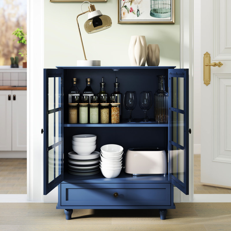 Armoire multifonctionnelle rétro bleue avec tiroir spacieux, portes en verre double et pieds en bois massif, idéale pour la cuisine du salon