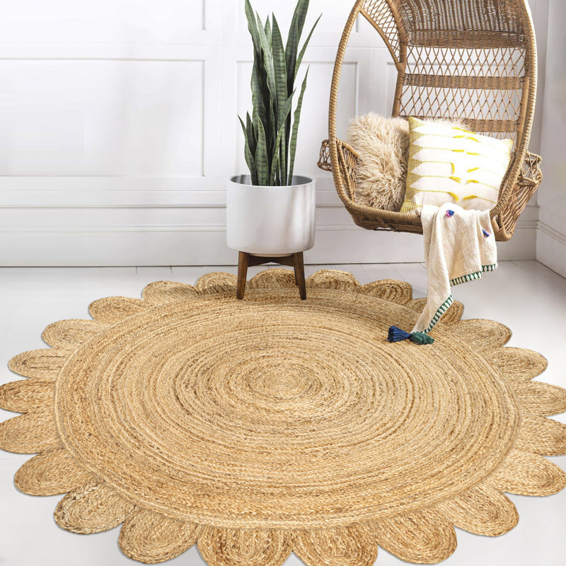 Adwin Boho Jute Scalloped Circle Natural Rug, Round 6'1"