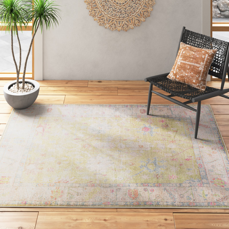 Dietrick Machine Washable Oriental Grass Green/Light Pink Area Rug, Rectangle 5'3" x 7'