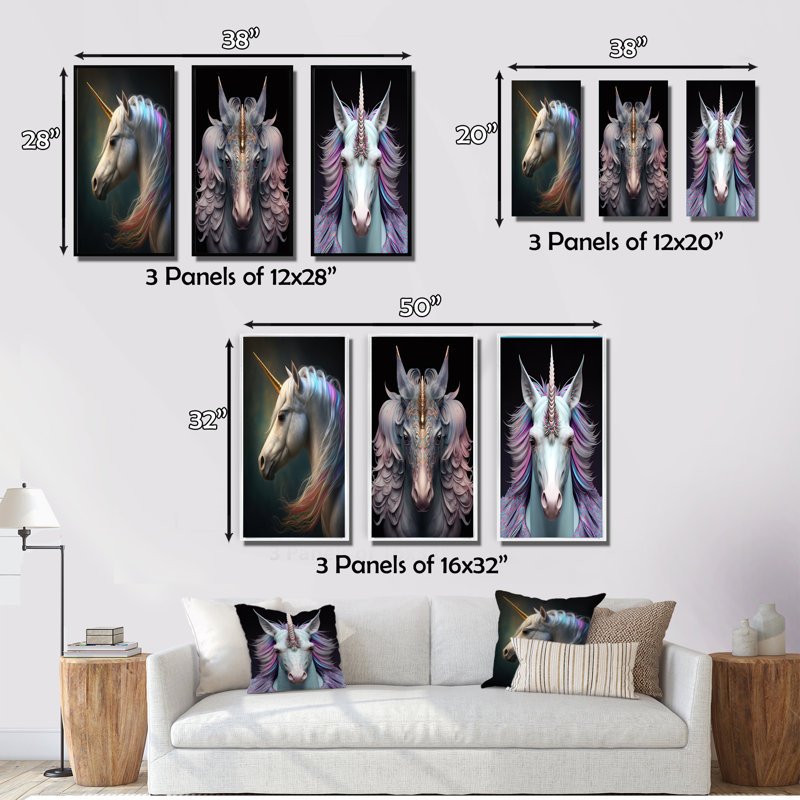 «Beautiful Portrait Of A Unicorn», 3 pièces sur toile, Blanc, H 28 po x l 36 po