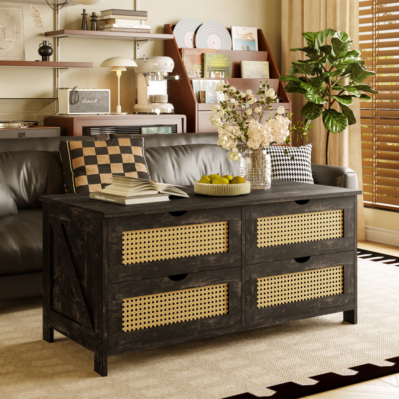 Table basse en rotin et bois, 4 tiroirs avec rangement, Chêne rustique foncé, H 19,7 po x l 37,4 po x L 17,7 po