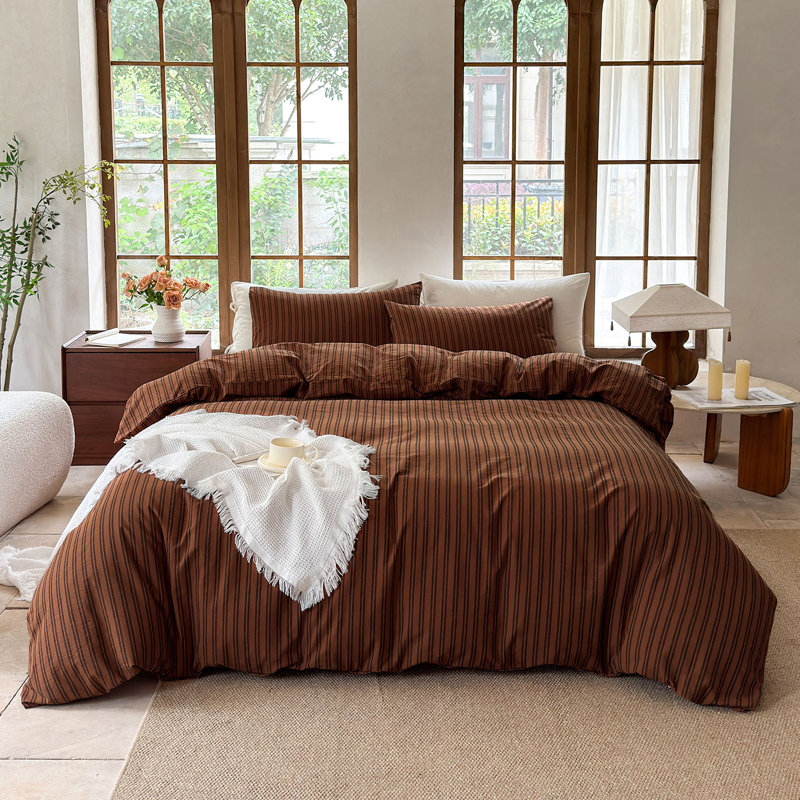Ensemble de housse de couette rayé 100% coton délavé DONEUS, Housse de couette grand et 2 taies d'oreiller stan