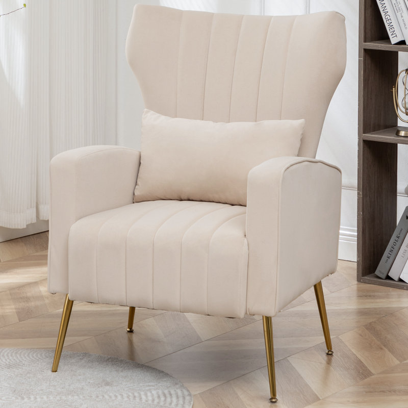 Upholstered Accent Chair With Pillow For Living Room(set of 2), Beige Velvet