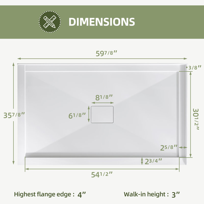 60" X 36" Double Threshold Shower Pan Base In White With Center Drain Assembly & Drain Cover Included