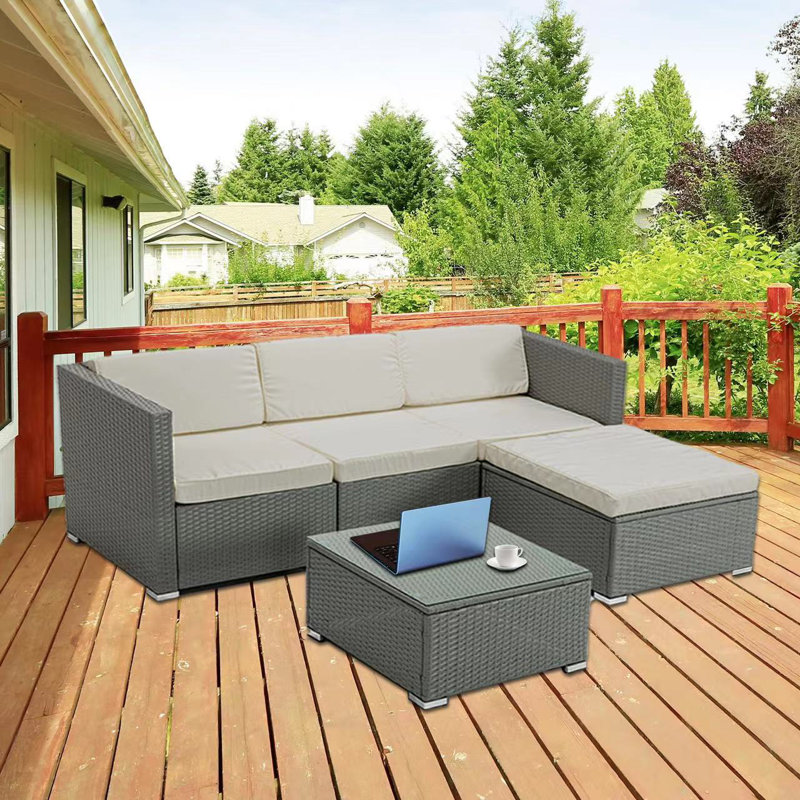 Rattan Garden Sofa Set With Glass Top Coffee Table, Grey Rupert, Cream