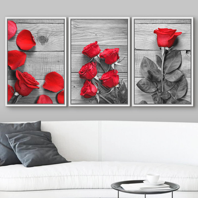 Décoration murale moderne de roses noires et blanches avec une touche de couleur rouge, H 36 po x l 72 po