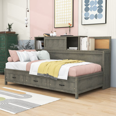 3 Drawers Wooden Daybed with Pushable Shelf, USB & Socket Charging Station by Lark Manor