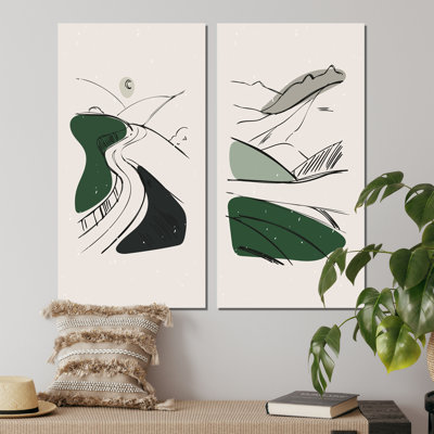 «Green Retro Landscape Panoramas I», ensemble de 2 impressions
