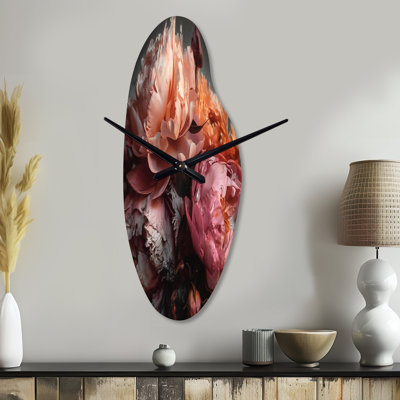 Decora Orange Pink Peonies Blooming - Peonies Curved Metal Wall Clock, Orange Asymmetrical Clock Print
