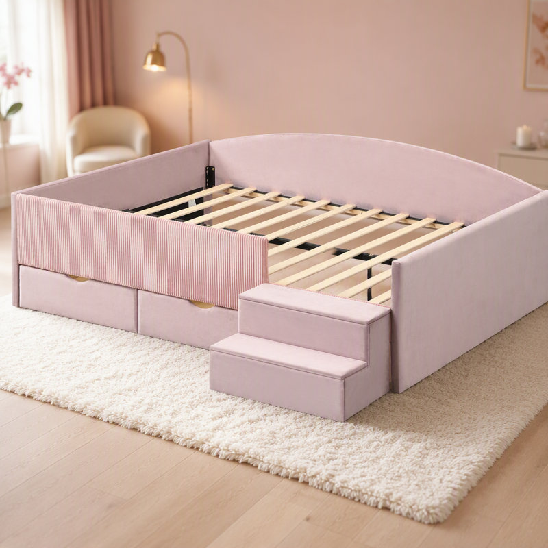 Structure de lit, structure de lit de jour rembourrée avec 2 tiroirs de rangement, Full / Double, Rose
