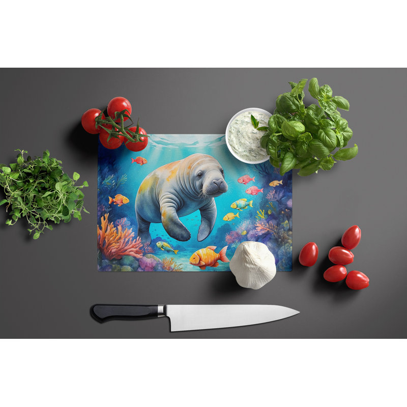 Summer Manatee Glass Cutting Board