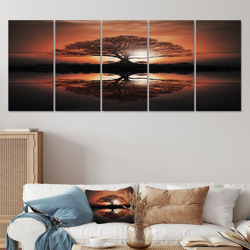Silhouette de majestueux arbre sur Lake Island - Art mural en chêne pour salon 5 pièces, H 32 po x l 80 po