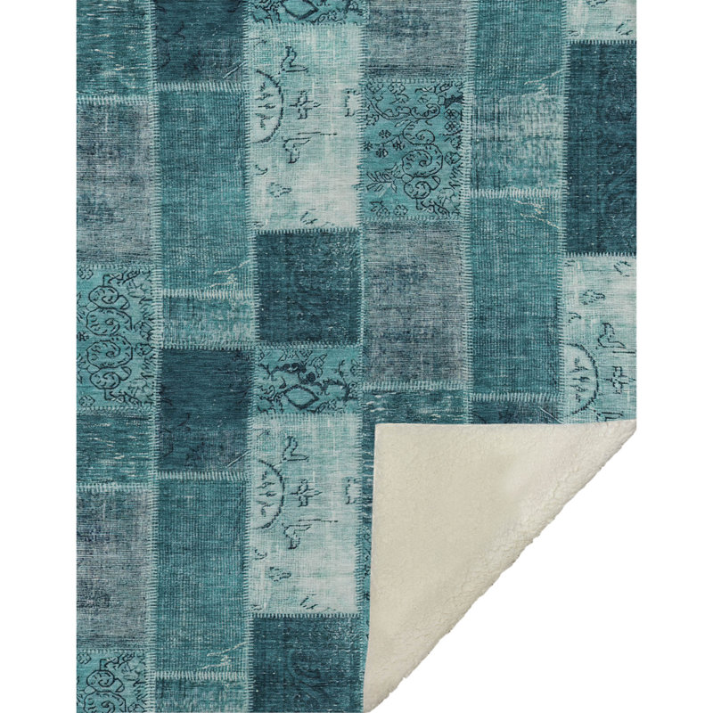 Addison Machine Washable Sherpa ASB631 Patchwork Throw Blanket, Teal