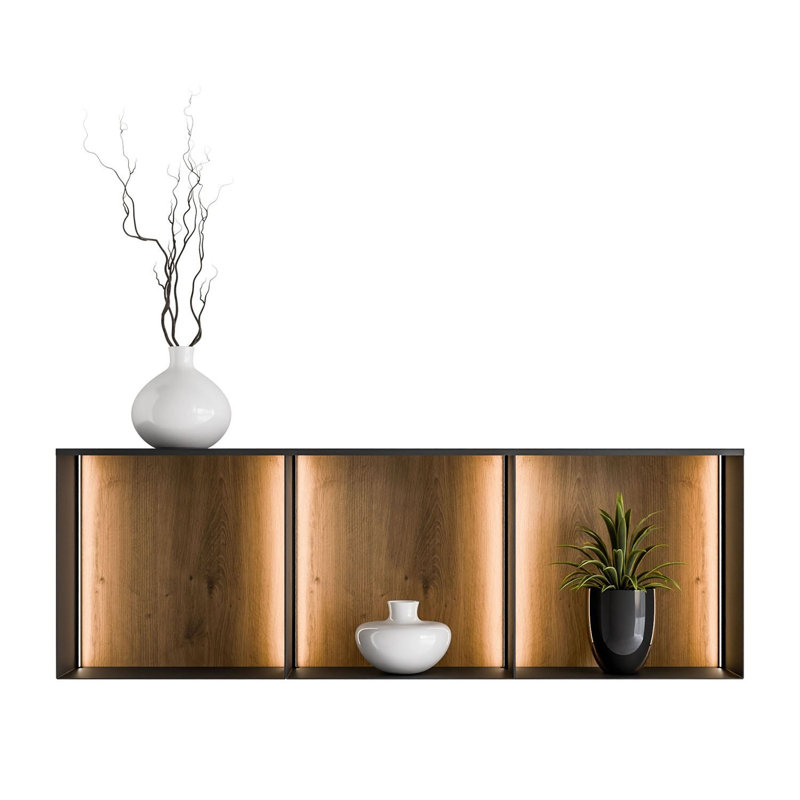 3 Piece Square Metal Cube Shelf, Black / Artisan with LED