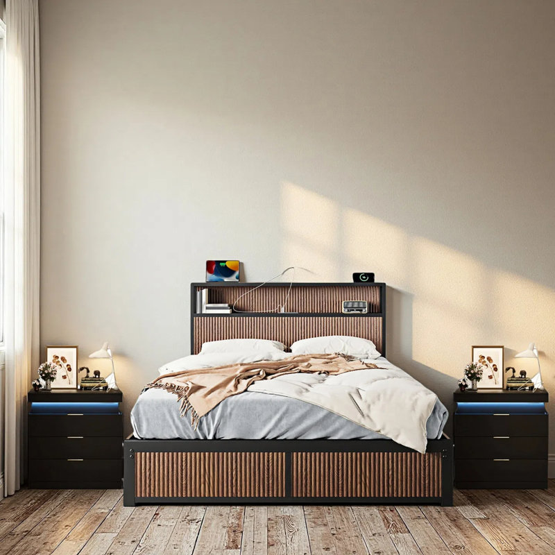 Ensemble de chambre à coucher 3 pièces, cadre de lit avec 4 tiroirs de rangement et tablette, station de charge, table de chevet avec station de charge et lumières DEL