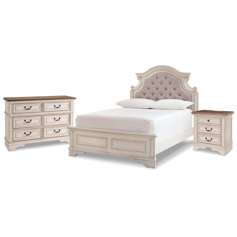 Lit double à panneaux, commode et table de chevet Realyn