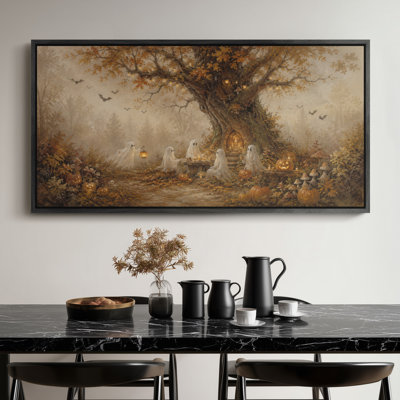 Très grand Halloween enchanté se rassemblant sous un arbre antique, fantômes, citrouilles, forêt, impression magique