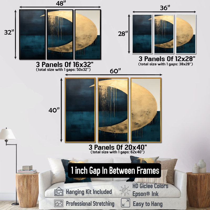 Lune mystérieuse turquoise - ensemble de reproductions d'art mural géométrique, H 40 po x l 60 po x P 1 po