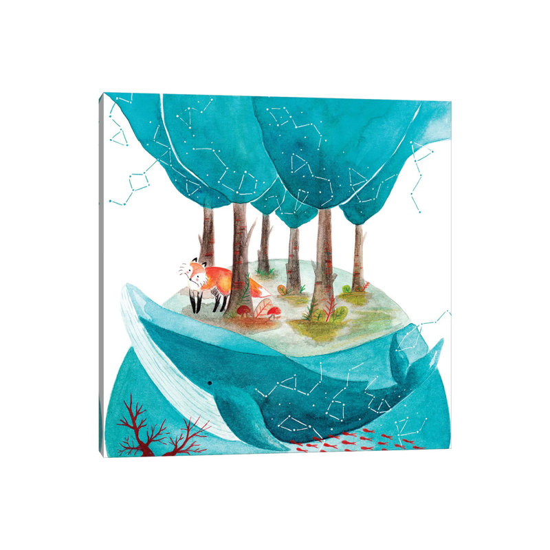 Renard et baleine II - impression, H 12 po x l 12 po x P 0,75 po, Toile tendue, Pas de tapis