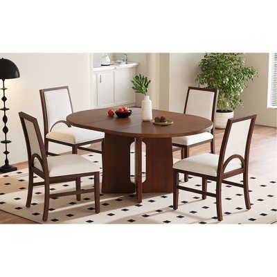 Solid Wood Round Dining Table Set for 4, Extendable Kitchen Table Set with 4 Upholstered Dining Chairs and 16inch Removable Leaf for Dining Room, Livi