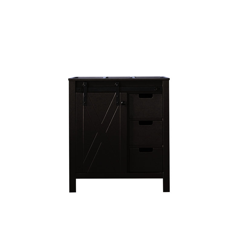 Meuble-lavabo brun de 30 po de largeur avec tiroirs à fermeture en douceur et tablette ouverte, une armoire, trois tiroirs, un espace de rangement, une structure en bois massif, du contreplaqué E0, un meuble d'installation pré-assemblé, un meuble-lavabo,