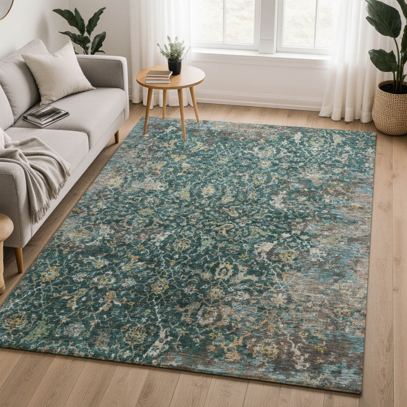 Tapis oriental lavable à la machine de qualité supérieure Mayfield AMF2359, Sarcelle, 3 pi x 5 pi