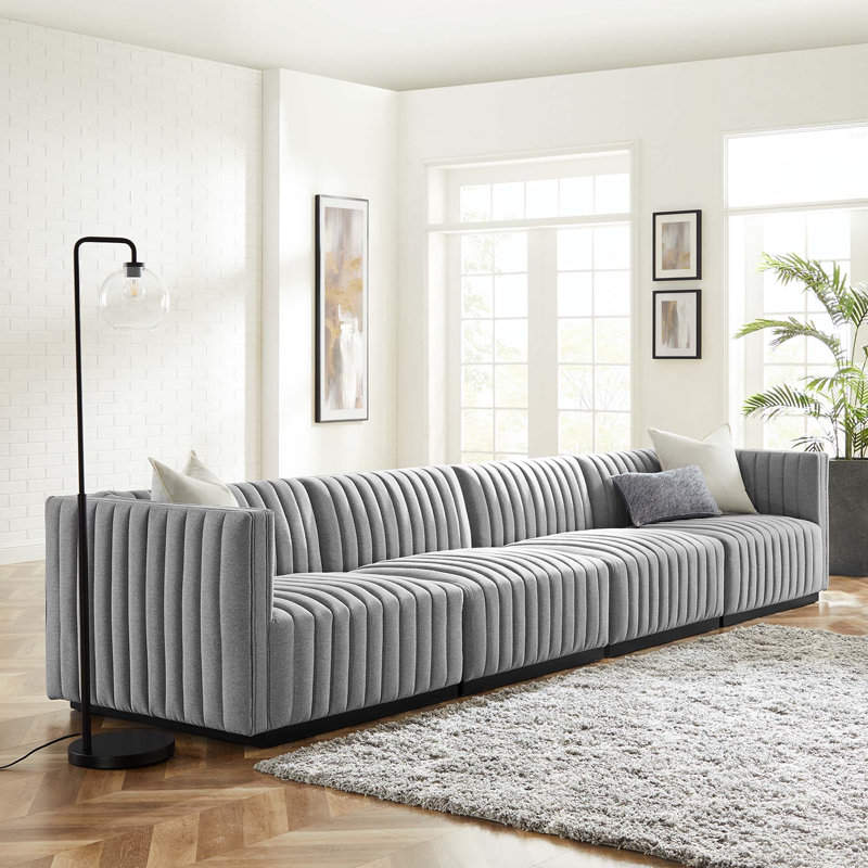 Conjure Channel Tufted Sofa by Modway, Black, Light Gray Polyester, 28" H x 155" W x 36.5" D