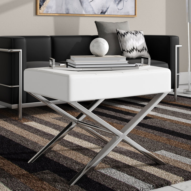 Sienna White Faux Leather Ottoman with Chrome X-Legs