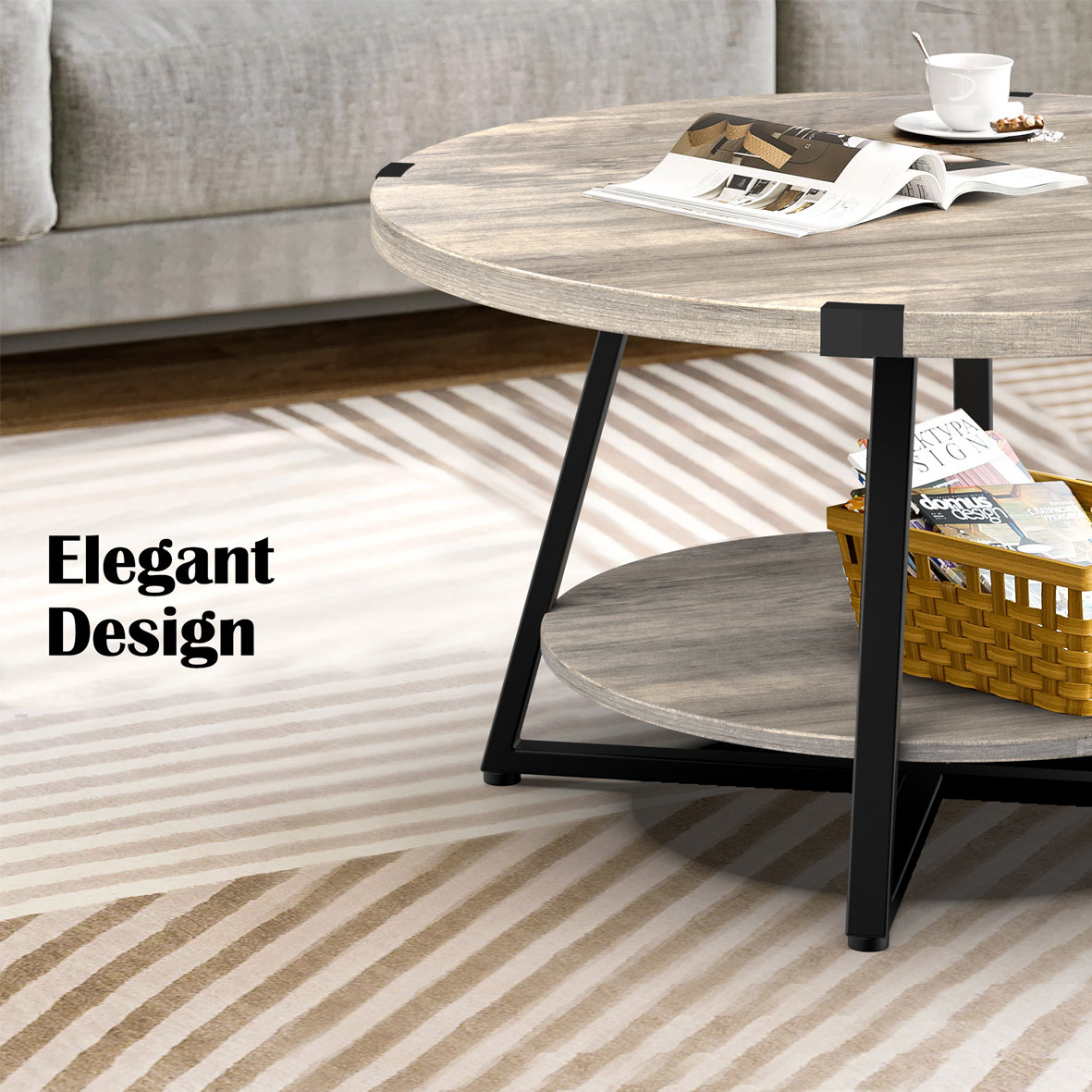 17 Stories Jahaira Round Coffee Table with 2-Tier Storage Shelves ...