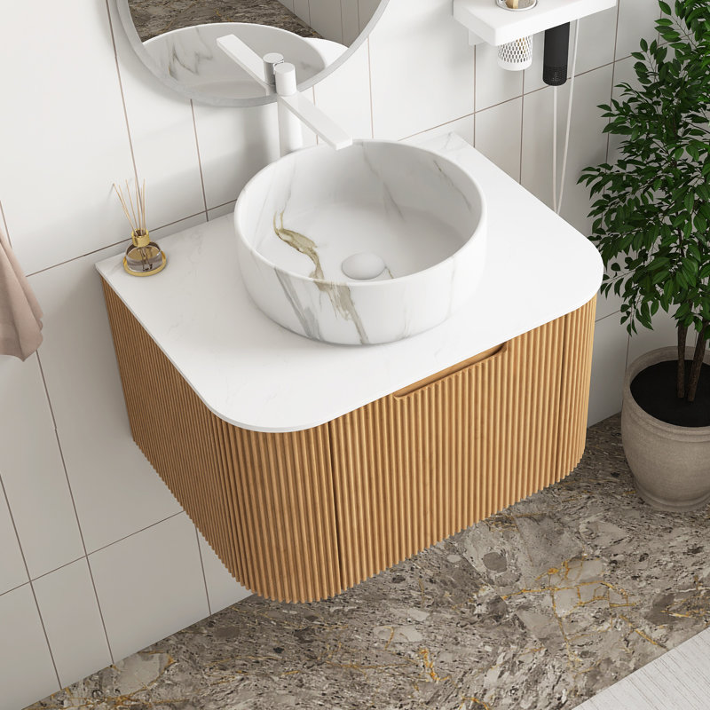 Meuble-lavabo mural avec plateau et tiroir, Naturel, 24", Marbre