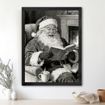 Père Noël noir encadré noir lisant joyeusement, impressions sur toile de style rétro