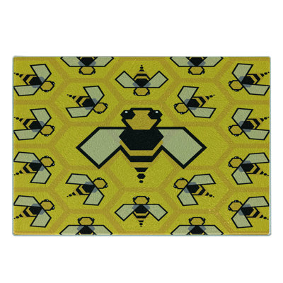 Ambesonne Queen Bee Tempered Glass Cutting Board Digi Geometric Insect Yellow Charcoal Grey
