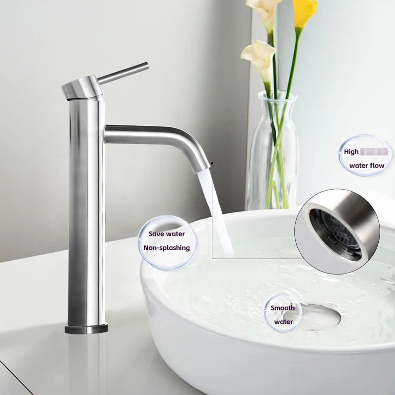 Bathroom Sink Faucet In Brushed Nickel Look - Modern Tall Single Handle One Hole Lavatory Tap Style, Brushed Nickel