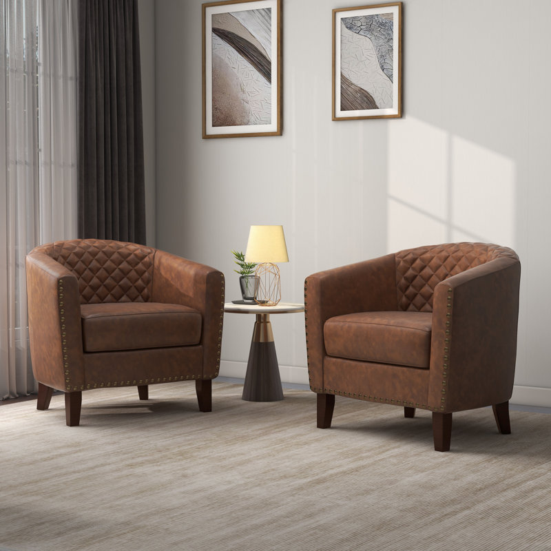 Edvardas Upholstered 29.11 Wide Brown Faux Leather Tufted Barrel Club Chair with Nailhead Trim, Brown Faux Leather