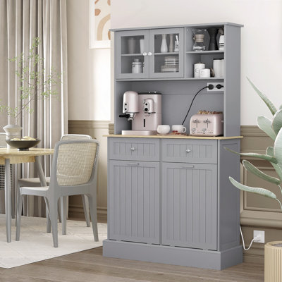 68" Kitchen Pantry Cabinet with Charging Station,2 Tilt Out Trash Cabinets and Microwave Stand