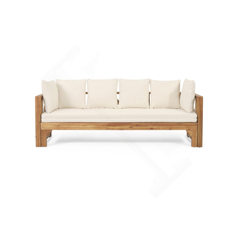 Outdoor Extendable Acacia Wood 3 Seater Sofa, Upholstered Cushion Couch, Daybed Sofa Chair, Spacious Seating Lounge Chair, Patio Daybed Sofa For Garden Yard