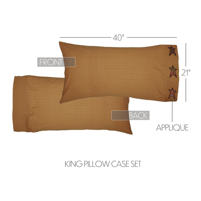 King Size Khaki Plaid Cotton Pillowcase Set with Appliqued Stars