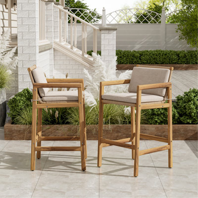 Tabouret de bar d'extérieur en bois, bois fini teck avec coussin beige, ensemble de 2