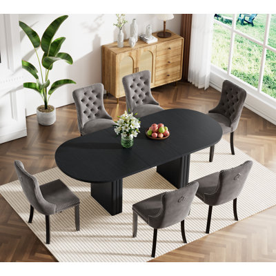 Extendable Dining Table Set, Rustic Oval Dining Room Table & Velvet Dining Chairs with Wood Leg, 62.99" -78.74" Dining Table and Chairs Set, Modern Dining Table Set