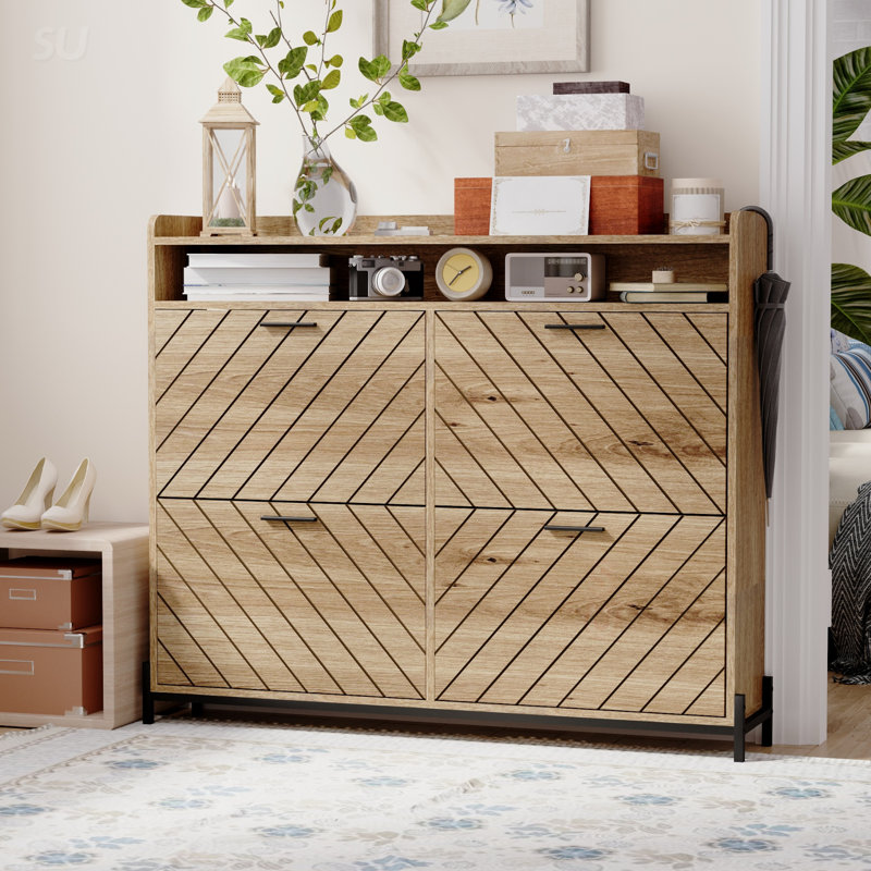 Armoire à chaussures rustique en bois à chevrons avec tiroirs rabattables, rangement compact et élégant, Bois flotté