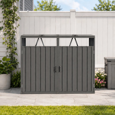 Outdoor Metal Garbage Bin Shed for 2 Trash Cans with Lift-Up Lids and Front Doors