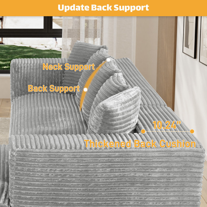 Canapé modulaire surdimensionné avec coussins Adame Boneless Compression, Velours côtelé gris pâle, Forme en L