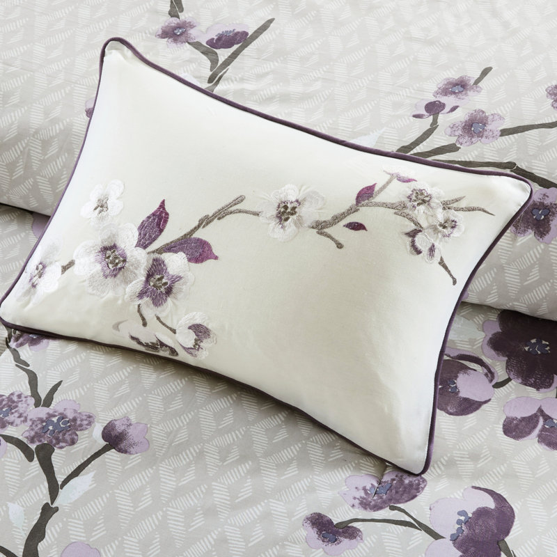 Édredon très grand mauve / taupe - imprimé floral en coton 8 pièces, 2 taies décoratives européennes, coussins décoratifs, poutre de soutien à motif lavable à la machine