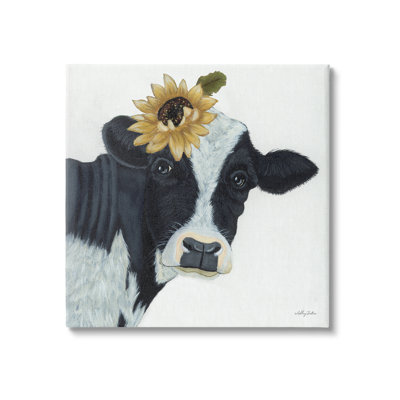 «Cow Portrait Sunflower Blossom Farmhouse» par Ashley Justice - peinture sur toile tendue