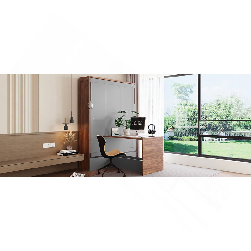 Full Size Murphy Bed With Foldable Desk – Space Saving Wall Bed - Walnut & Gray, Gray