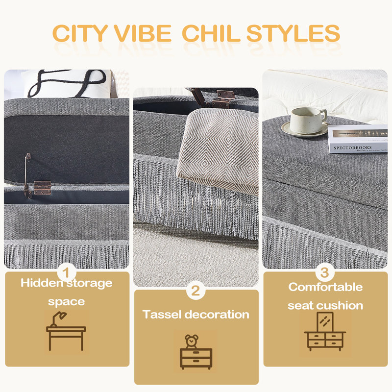 Oval Upholstered Storage Ottoman With Fringe Trim & Lift-Top Lid - 39"L X 16"W X 17"H, Multi-Functional Footrest & Hidden Storage
