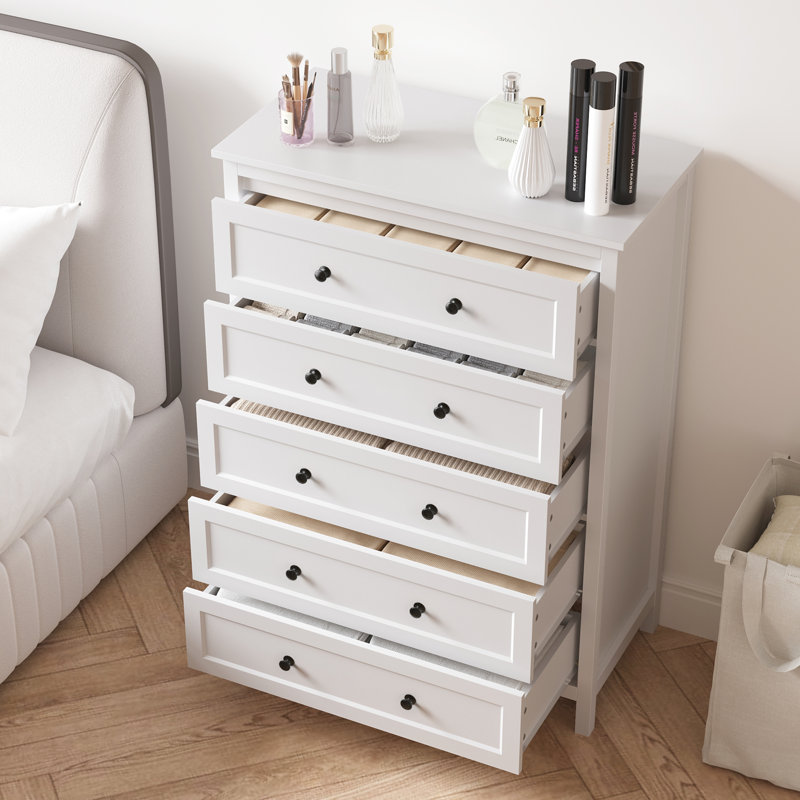 Commode 5 tiroirs pour chambre à coucher, commode de 42 po de hauteur avec poignées dorées, armoire de rangement moderne en bois pour le salon et le placard, noir