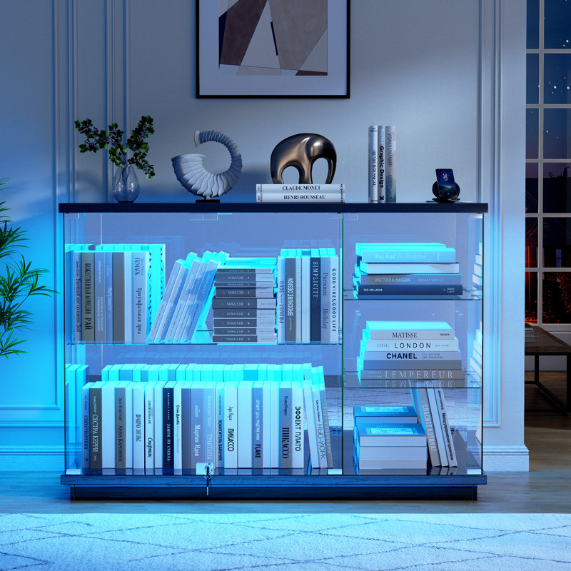 Display Sideboard with RGB Lights, Removable Glass Shelves and Lock, Black